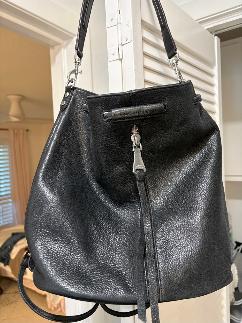Aimee Kestenberg Black Pebbled Leather Hobo with Tassel Zip